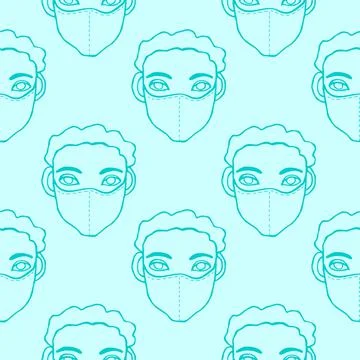 Vector seamless pattern with outline of people wearing medical protective mas Stock Illustration