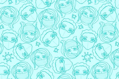 Vector seamless pattern with outline of people wearing medical protective mas Stock Illustration