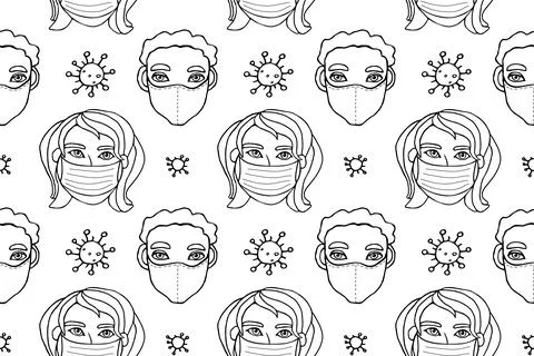 Vector seamless pattern with outline of people wearing medical protective mas Stock Illustration