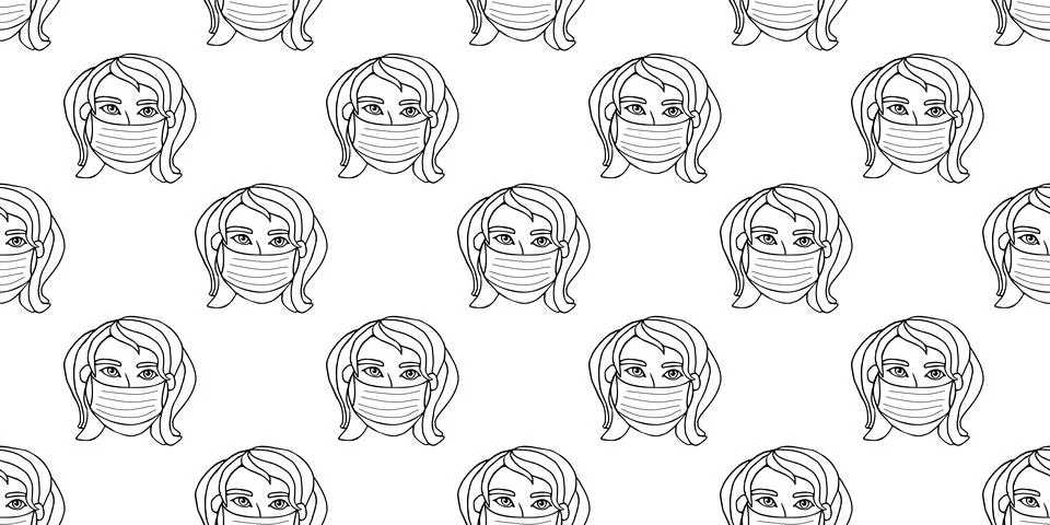 Vector seamless pattern with outline of people wearing medical protective mas Stock Illustration