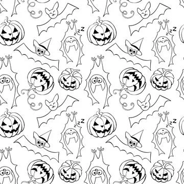 Vector seamless pattern with outline pumpkins, Jack o lantern, witch shifters Stock Illustration