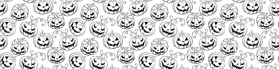 Vector Seamless pattern with outline pumpkins, Jack o Lantern. Halloween back Stock Illustration