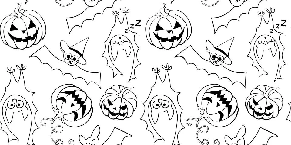 Vector seamless pattern with outline pumpkins, Jack o lantern, witch shifters Stock Illustration