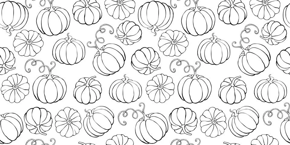 Vector seamless pattern with outline pumpkins in doodle style. Halloween or t Stock Illustration