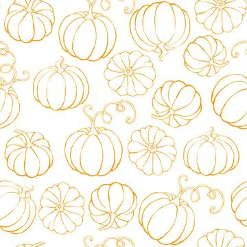 Vector seamless pattern with outline pumpkins in doodle style. Halloween or t イラスト素材