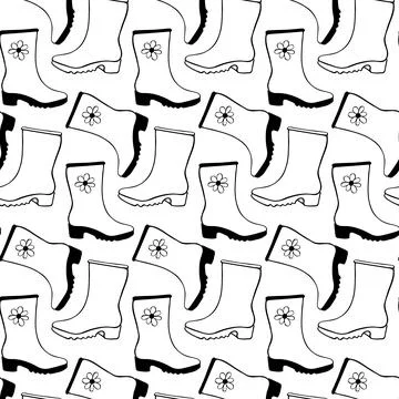 Vector seamless pattern of outline rubber rain boots for rainy weather or gar Stock-Illustration