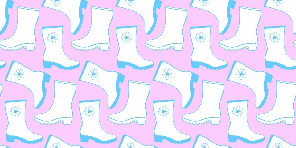 Vector seamless pattern of outline rubber rain boots for rainy weather or gar Stock Illustration