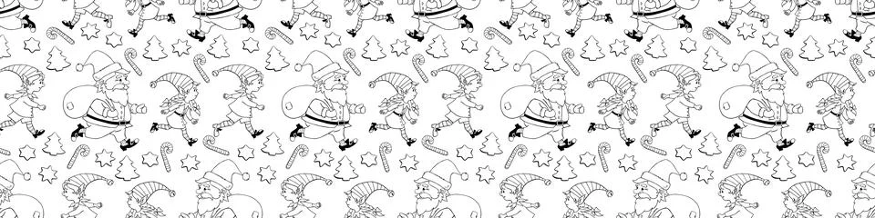 Vector seamless pattern with outline Santa Claus and his Christmas elves. New Stock Illustration