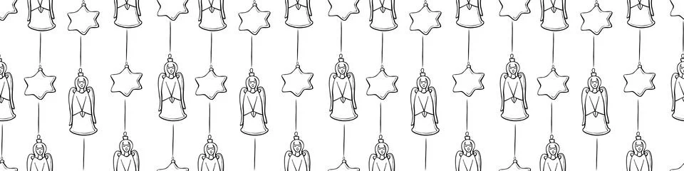 Vector seamless pattern with outline singing angels and stars. Christmas back 스톡 일러스트