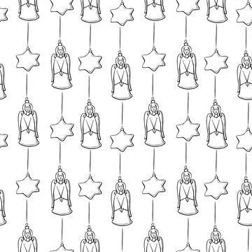 Vector seamless pattern with outline singing angels and stars. Christmas back Stock-Illustration