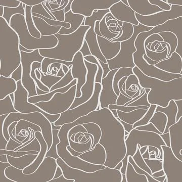 Vector seamless pattern with outline stylized roses. Beautiful floral backgro Stock Illustration