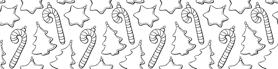 Vector seamless pattern with outline toys, candy cane, stars, decorations, xm イラスト素材