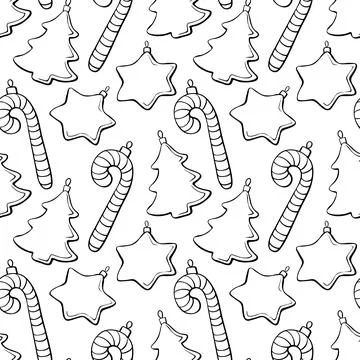 Vector seamless pattern with outline toys, candy cane, stars, decorations, xm Stock Illustration