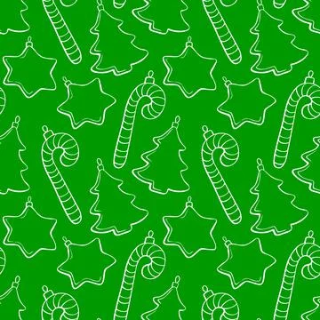 Vector seamless pattern with outline toys, candy cane, stars, decorations, xm Stock Illustration