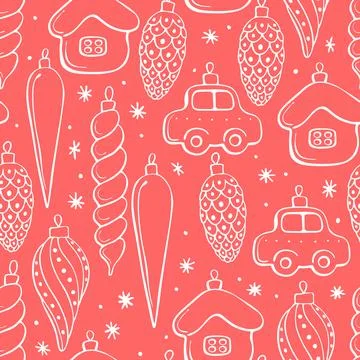 Vector seamless pattern with outline toys, balls, decorations for xmas tree a イラスト素材