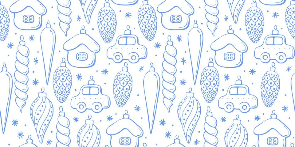 Vector seamless pattern with outline toys, balls, decorations for xmas tree a Illustrazione stock