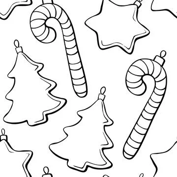 Vector seamless pattern with outline toys, candy cane, stars, decorations, xm イラスト素材