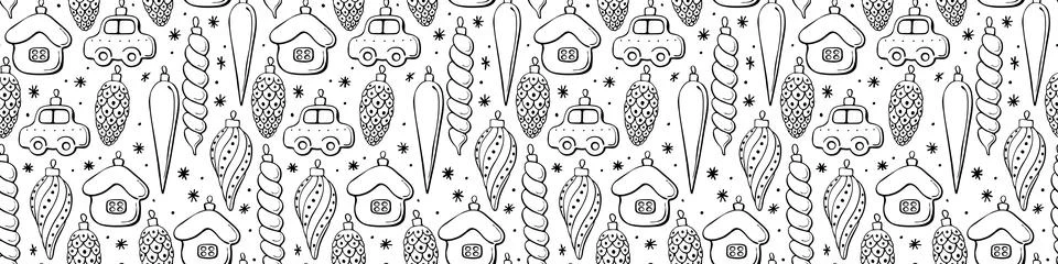 Vector seamless pattern with outline toys, balls, decorations for xmas tree a Stock Illustration