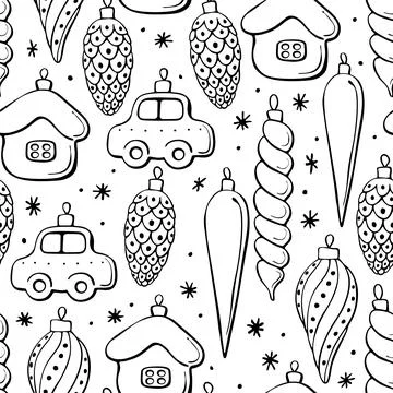 Vector seamless pattern with outline toys, balls, decorations for xmas tree a Illustrazione stock