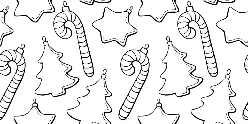 Vector seamless pattern with outline toys, candy cane, stars, decorations, xm Stock Illustration