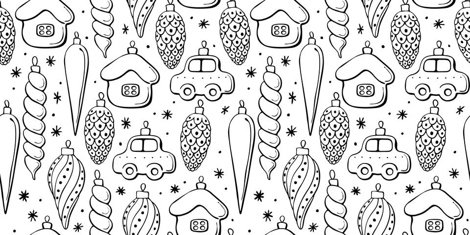 Vector seamless pattern with outline toys, balls, decorations for xmas tree a Stock Illustration