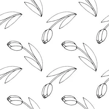Vector seamless pattern with outline tulip flowers. Hand drawn doodle spring  Stock Illustration