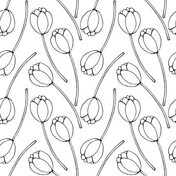Vector seamless pattern with outline tulip flowers. Hand drawn doodle spring  Illustrazione stock
