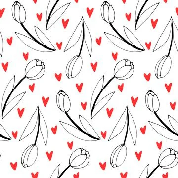 Vector seamless pattern with outline tulip flowers and hearts. Hand drawn doo Stock-Illustration