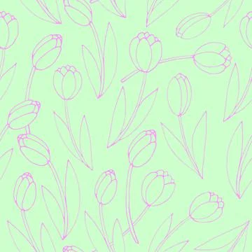 Vector seamless pattern with outline tulip flowers. Hand drawn doodle spring  Stock-Illustration