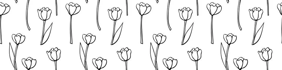 Vector seamless pattern with outline tulip flowers. Hand drawn doodle cute te Stock Illustration