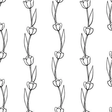 Vector seamless pattern with outline tulip flowers. Hand drawn doodle spring  Stock Illustration
