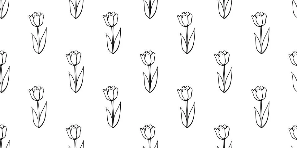 Vector seamless pattern with outline tulip flowers. Hand drawn doodle cute .. Stock Illustration