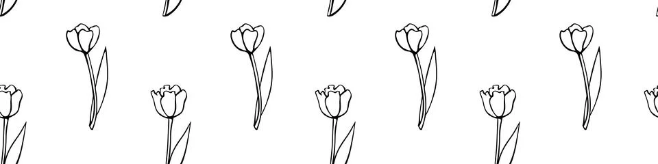 Vector seamless pattern with outline tulip flowers. Hand drawn doodle cute te Stock Illustration