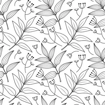 Vector seamless pattern with outline twig leaves, flowers. Floral textile design Illustrazione stock