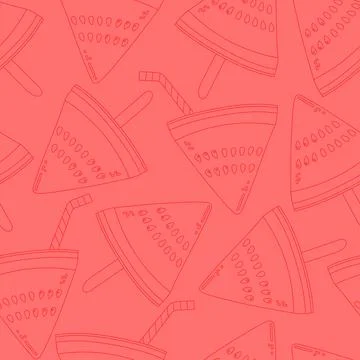Vector seamless pattern with outlined watermelon slices with coctail straws a Stock Illustration