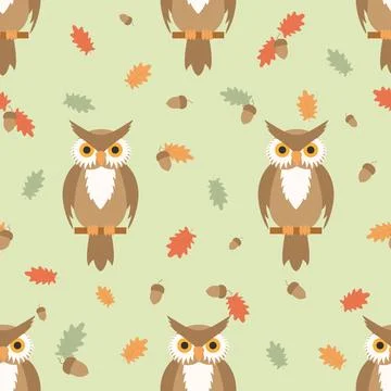 Vector seamless pattern. Owl and acorns. Autumn. イラスト素材