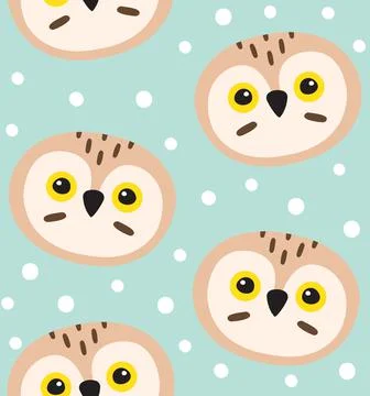 Vector seamless pattern of owl face and snow Stock Illustration