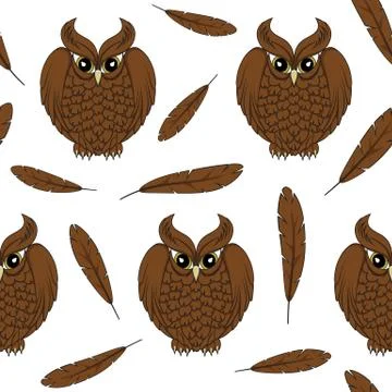 Vector seamless pattern with owls and feathers. Stock Illustration