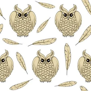 Vector seamless pattern with owls and feathers. 스톡 일러스트