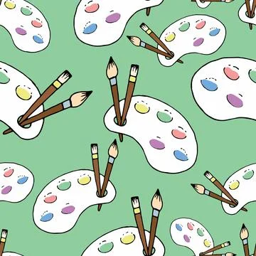 Vector seamless pattern, palette for paints with brushes for creativity, arti Stock Illustration