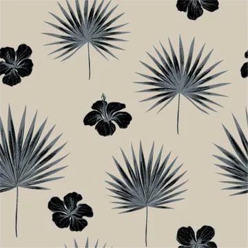 Vector seamless pattern of palm leaves and sugarbush. Hand drawn vector Stock Illustration