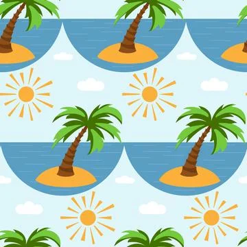 Vector seamless pattern with palm tree, sea and sun. Summer pattern in a fl.. 스톡 일러스트