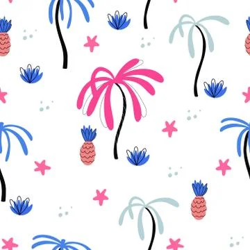 Vector seamless pattern with palm trees and pineapples. イラスト素材