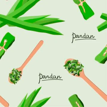 Vector seamless pattern of pandan leaves, shredded pandan spices in wooden spoon Stock Illustration