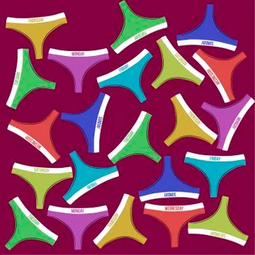 Vector seamless pattern with panties in different colors on a red background. Stock Illustration