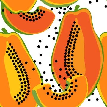 Vector seamless pattern with papaya fruits. Colorful hand drawn repeatable .. 库存插图