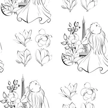 Vector seamless pattern Paris girl on the background of the Eiffel Tower with Stock Illustration