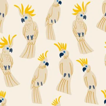 Vector seamless pattern with parrots. Cockatoo characters, white bird. Cute Stock Illustration