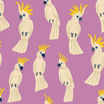 Vector seamless pattern with parrots. Cockatoo characters, white bird. Cute Stock Illustration
