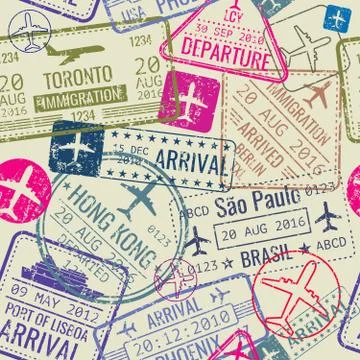 Vector seamless pattern with passport visa stamps Stock Illustration